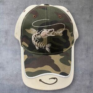 Get Reel Get Fish Camo Fish Skeleton Baseball Hat OSFM Hook Cap Fisherman